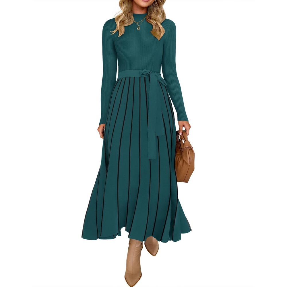 Womens Teal Green Ribbed Knit Sweater Dress Mock Neck Tie Waist Pleated Midi